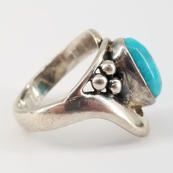 Navaho Sterling Silver Oval Turquoise Ball Bead Wave Ring 6.5 / 6.4g VINTAGE - Picture 4 of 7